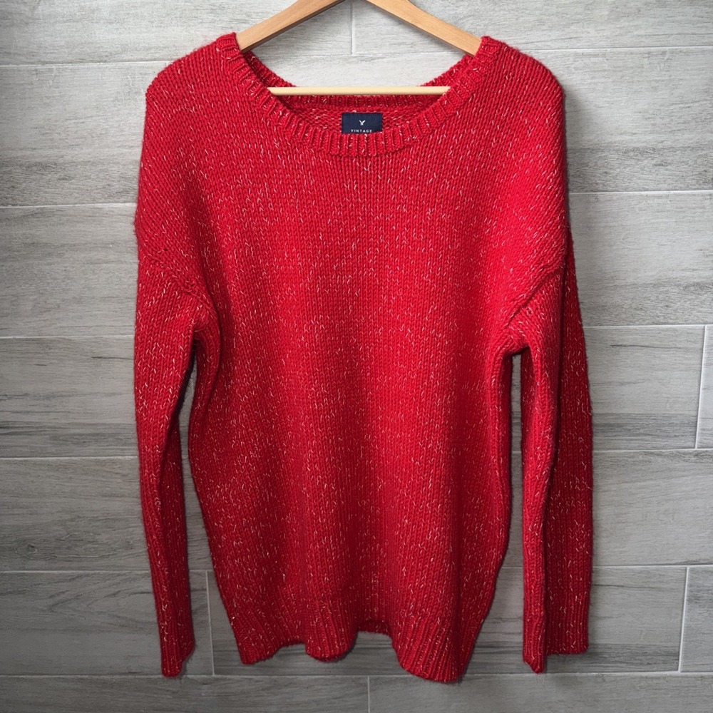 American Eagle Vintage Boyfriend Sweater Size M Red Gold Threads Chunky Knit